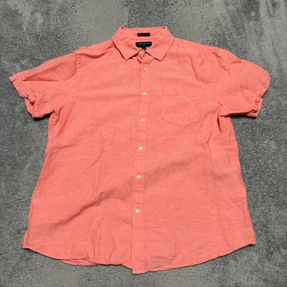 Banana Republic Shirt Mens XL Linen Pink Short Sleeve Button Slim Fit
